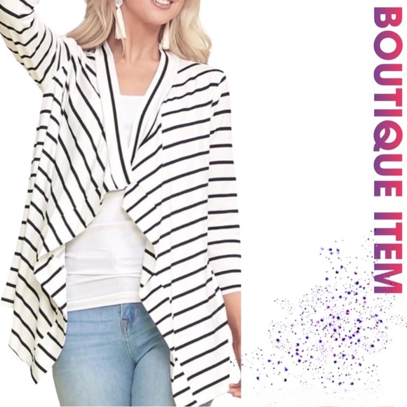 Sweaters - Handkerchief Cut Casual Black/White Striped ¾ Sleeve Cardigan!